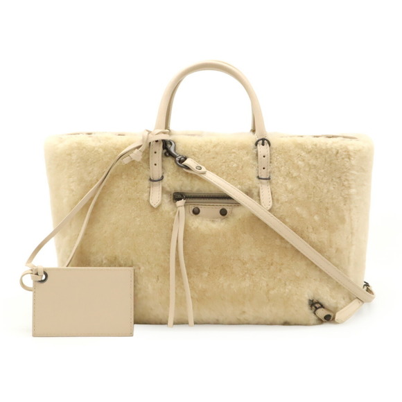 BALENCIAGA Paper Handbag Tote Bag Shoulder Fur Leather Pink Beige 410238 - Picture 1 of 9